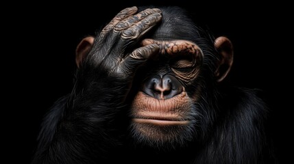 Fototapeta premium Chimpanzee expressing emotion, hand on forehead, deep contemplation, dark background