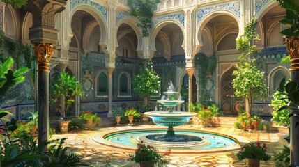 Obraz premium Ornate Courtyard with a Fountain Surrounded by Lush Greenery