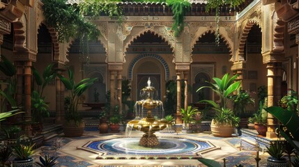 Obraz premium Ornate Courtyard with a Fountain and Lush Greenery