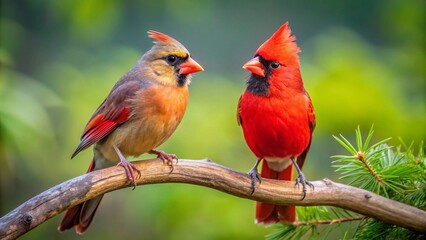 Male and Female Cardinals Perched Together on a Branch in a Vibrant Natural Setting
