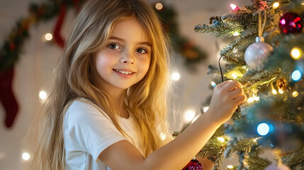 joyful girl decorates Christmas tree with colorful ornaments, creating festive atmosphere filled with lights and holiday cheer