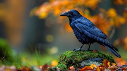 Naklejka premium Black Crow Perched on Mossy Rock in Autumn Forest