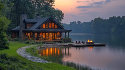 Obraz premium A large house with a dock and a fire pit sits on a lake