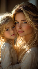 Fototapeta premium A woman and a child are holding hands and smiling. The woman has long blonde hair and the child has blonde hair as well. Scene is happy and loving