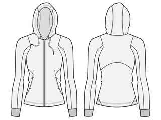 Women's Full Zip Hoodie jacket technical CAD fashion illustration front and back views	