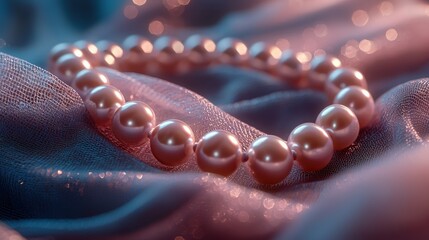 Fototapeta premium Elegant pearl necklace displayed on soft fabric with gentle reflections