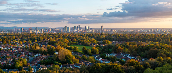 Manchester skyline panorama from Heaton Park, Prestwich. 