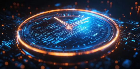 A futuristic, high-tech clock face features floating, illuminated numbers and sleek