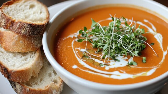 Creamy tomato soup with fresh microgreens rustic bread - Powered by Adobe