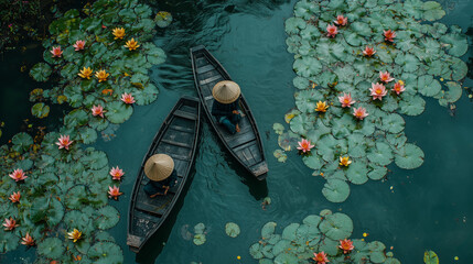 top view of tipical vietnamese boats and hats and water lilies © Zoraida