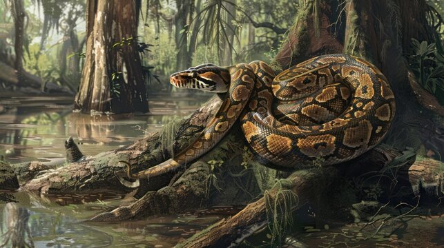 A Reticulated Python Resting on a Moss-Covered Tree Branch in a Swamp