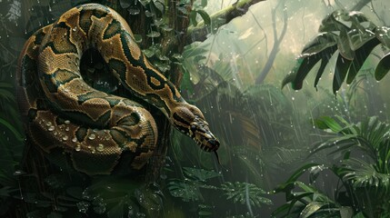 Obraz premium A Python Snake Coiled Around a Tree Branch in a Rainforest During a Rain Shower