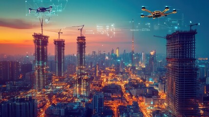 Fototapeta premium A smart city construction site, automated machinery, drones, and 3D-printed structures, glowing in the twilight of a futuristic metropolis
