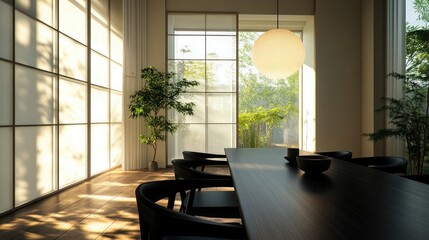 An inviting Japandi dining area with a dark wooden table