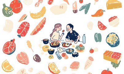 seamless pattern with vegetables,woman in a kitchen,girl with fruits,Healthy_Eating_Women_and_Various_Foods_minimal_simple, generation AI