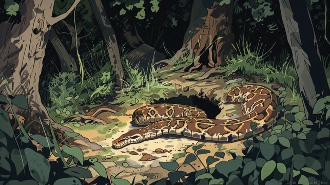 A Reticulated Python Resting in a Forest Clearing