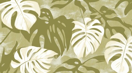 A pattern featuring tropical leaves in green and cream colors.