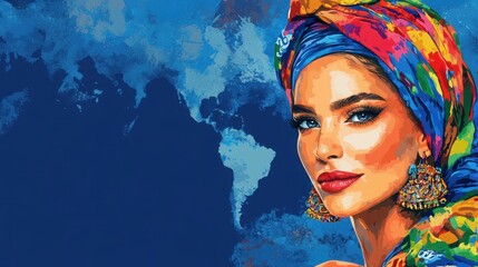 A woman with colorful headwear and earrings looks confidently at the camera, a world map in the background.