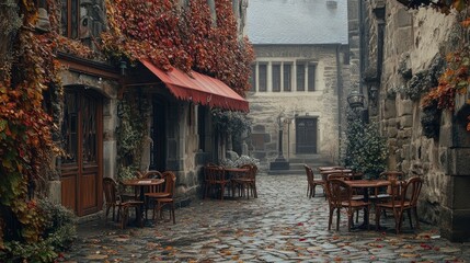 Obraz premium A quaint cafe in a historic part of town, with cobblestone streets and old buildings surrounding it, creating a picturesque setting for enjoying a cup of coffee