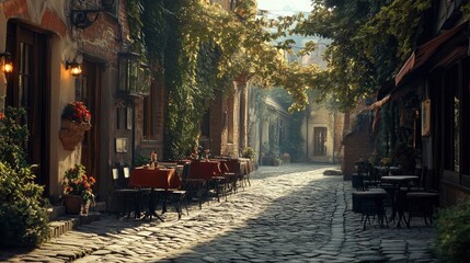 A quaint cafe in a historic part of town, with cobblestone streets and old buildings surrounding it, creating a picturesque setting for enjoying a cup of coffee