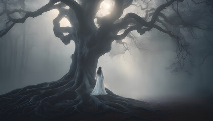 A ghost girl in a long white dress walks through a forest filled with low-lying white mist, creating an enchanting atmosphere. The moonlight shines behind her.
