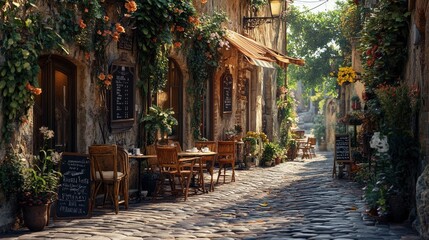 A quaint cafe in a historic part of town, with cobblestone streets and old buildings surrounding it, creating a picturesque setting for enjoying a cup of coffee