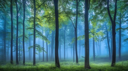 Obraz premium Misty forest scene with tall trees and lush greenery, creating a serene atmosphere.