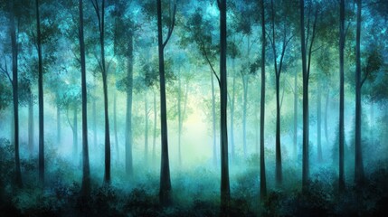 Naklejka premium A serene forest scene with mist and soft light filtering through trees.