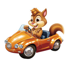 Cartoon Squirrel Driving A Small Orange Toy Car