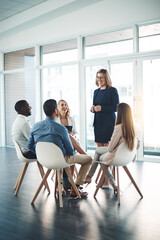 Mentor, workshop and presentation with business people in office for meeting, training or planning....