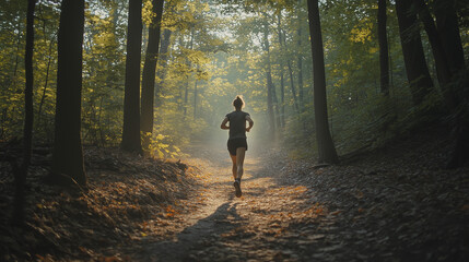 
A determined runner in athletic gear dashing through a shaded forest trail, with sunlight filtering through the trees and leaves scattered on the ground.