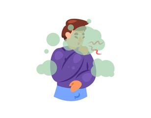 illustration of a man seen coughing because of smoke. air pollution. toxic smoke. unhealthy air causes coughing. health and environmental problems. flat style character design. elements