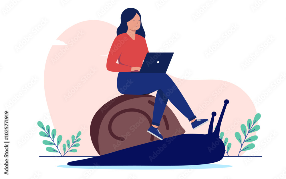 Aufkleber Slow boring work - unfulfilled woman person sitting on snail working on computer moving slowly in career and business with lack of progress and development. Flat design vector stock illustration