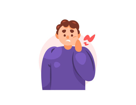 illustration of a man with swollen cheeks and chin. symptom or suffering from mumps or parotitis. holding his cheek because of pain. health problem. flat style character design. element