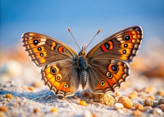 Obraz premium Meadow Argus Butterfly Resting on Beach Sand Amidst Nature's Beauty – A Serene Coastal Scene with Delicate Wildlife