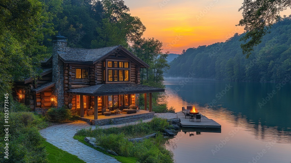Aufkleber a log cabin with a dock and a fire pit on the shore of a lake