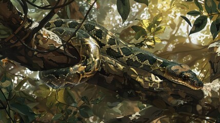 Naklejka premium A Snake Camouflaged in Lush Foliage