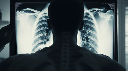A front view of a patient undergoing a chest Xray, checking for signs of chronic respiratory illness