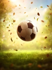 Fototapeta premium A soccer ball floats above a grassy field, surrounded by falling leaves, illuminated by a warm, glowing light, creating a serene, autumn atmosphere.