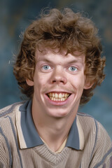 people of ai // yearbook school photo of young man with big teeth and mustache, brown curly hair, unattractive, photorealistic