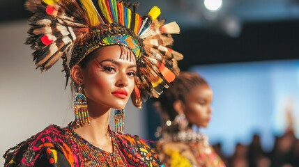 Indigenous fashion blending traditional craftsmanship with innovative designs in a multicultural fashion show.