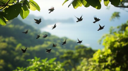 Fototapeta premium A flock of birds flying in formation against a backdrop of lush green trees and a distant blue sky.