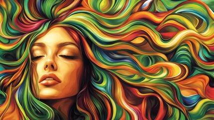 A woman with her eyes closed, surrounded by colorful, flowing hair.