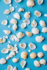 Seashells Spread Out on Vibrant Blue Background.
