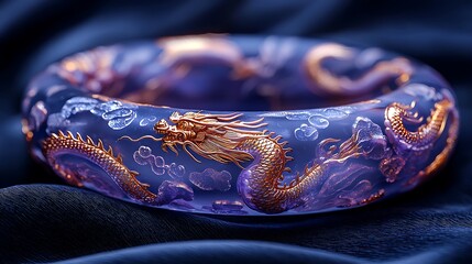 Close-up of a delicate jade bangle with a golden dragon design.