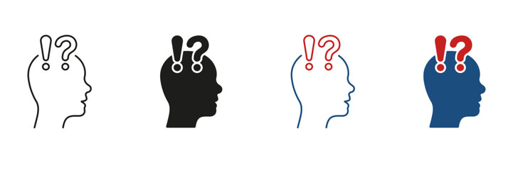 Human Head with Question Mark and Exclamation Point Line and Silhouette Icon Set. Person Face in Profile View Doubt and Curious Pictogram. Editable Stroke. Isolated Vector Illustration