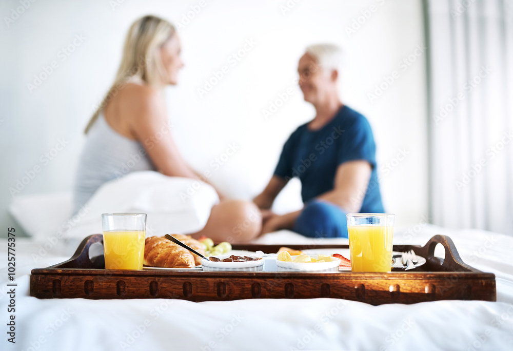 Canvas Prints Breakfast, couple and tray on bed with food, juice and nutrition in morning for relax, bonding and love. Healthy meal, diet and mature people in home with croissant, bacon and plate for brunch snack