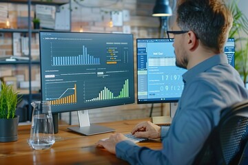 A marketer optimizing a website for SEO on a large desktop monitor, with keyword analysis, content suggestions, and performance metrics visible.