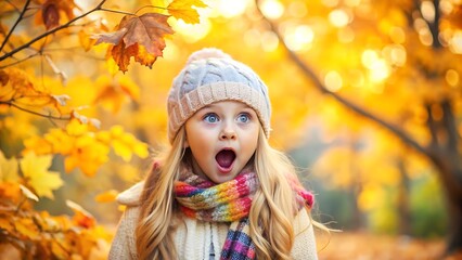Fototapeta premium Surprised girl in autumn leaves with vibrant colors