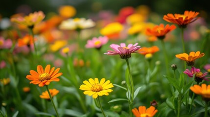 Fototapeta premium A close-up view of a field of colorful wildflowers, with a focus on a pink flower in the center.